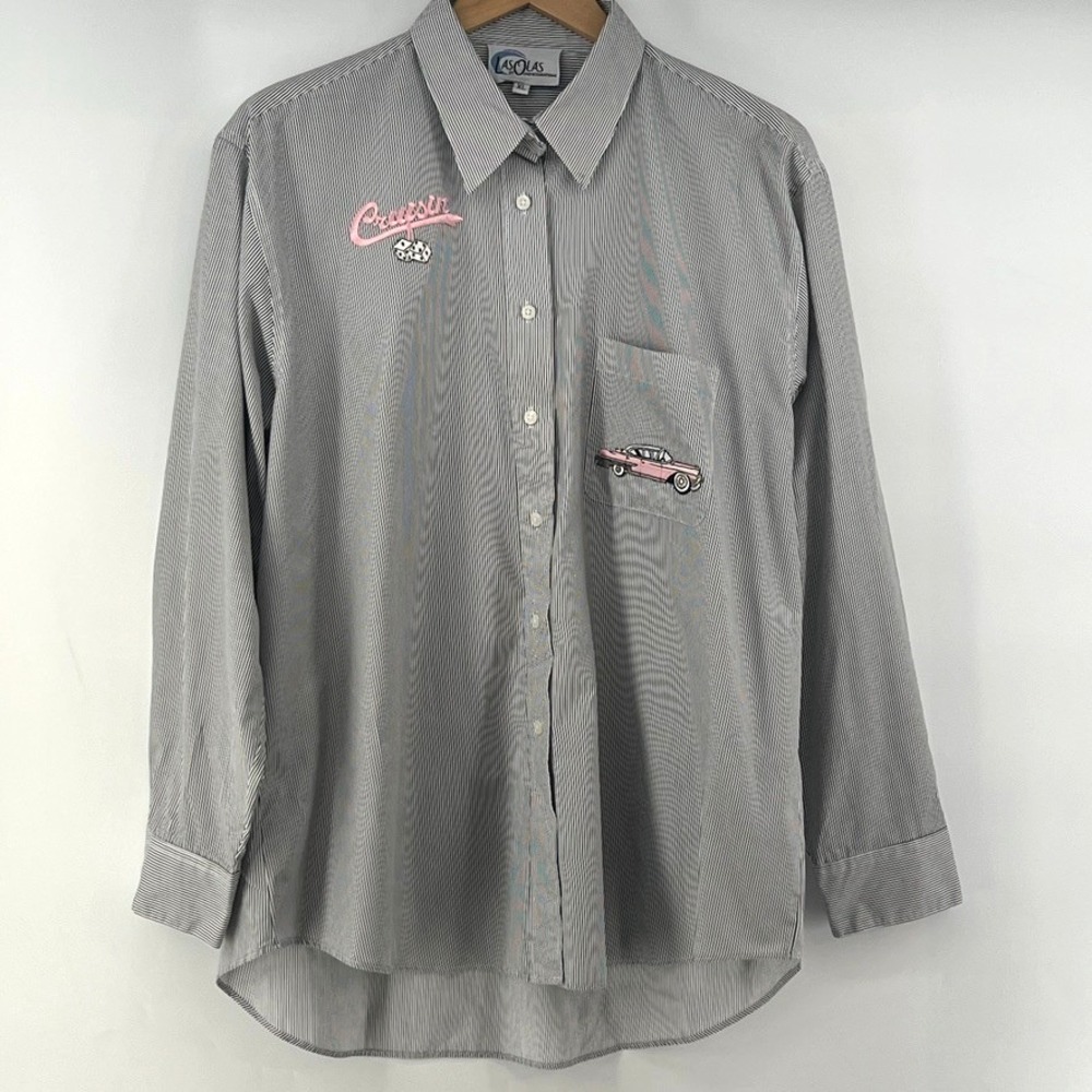 Vintage Shirt Women XL Rockabilly 50s Diner Striped Dance Bowling Greaser Button